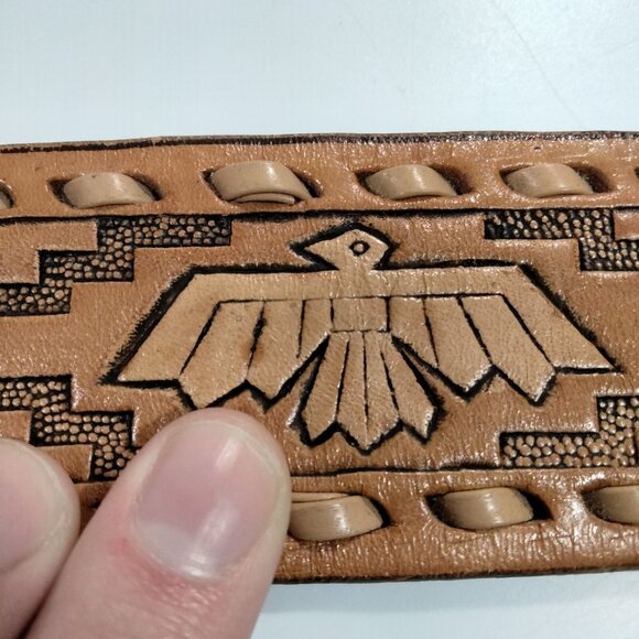Justin Leather Belt Tooled Western Aztec Thunderbird Coachella Native American M - Picture 4 of 8